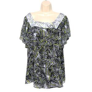 Worthington Tunic Top Plus Size 1X Black White Green Geometric Sheer Square Neck